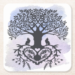 Folk Art Tree of Life Square Paper Coaster