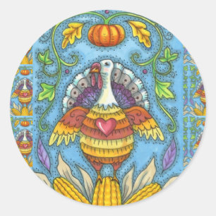 FOLK ART TURKEY, COLORS OF THANKSGIVING SEASONAL CLASSIC ROUND STICKER