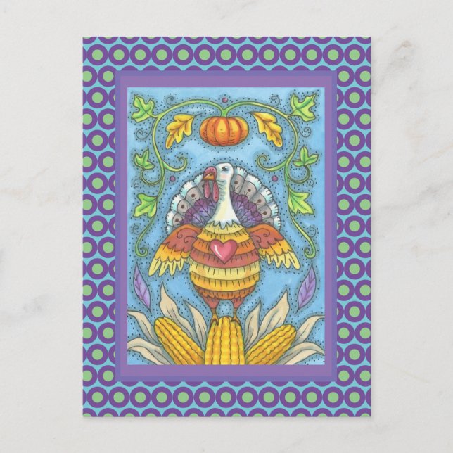 FOLK ART TURKEY, COLORS OF THANKSGIVING SEASONAL POSTCARD (Front)