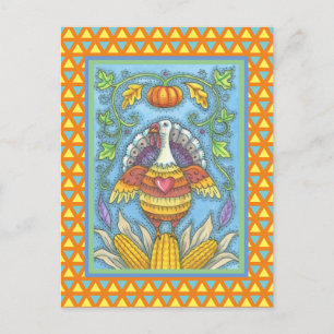 FOLK ART TURKEY, COLORS OF THANKSGIVING SEASONAL POSTCARD