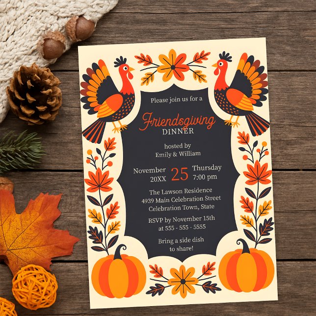 Folk Art Turkey Pumpkin Friendsgiving Dinner Party Invitation (Creator Uploaded)