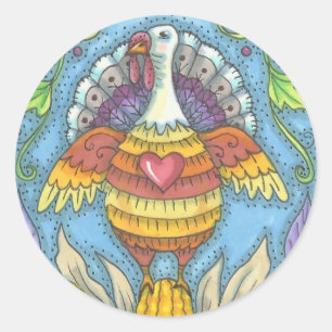 FOLK ART TURKEY, THANKSGIVING BIRD STICKERS Sheet