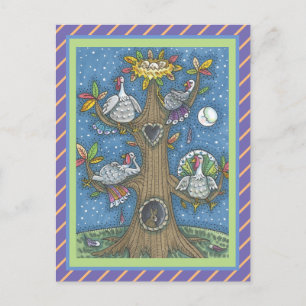FOLK ART TURKEY TREE, THANKSGIVING GOBBLER HUMOR POSTCARD