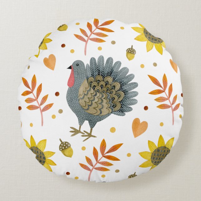 Folk Art Turkeys Round Pillow (Front)