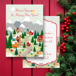 Folk Art Vintage Christmas Village Personalized  Holiday Card<br><div class="desc">A beautiful whimsical folk art Christmas village illustration holiday card. On the back of the card is a place for you to add your own personalized message. A cute festive little village with red and orange houses and pine trees with a background of snow topped moutains.</div>