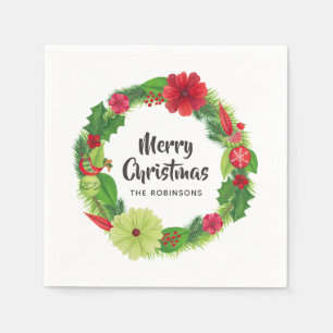 Folk Art Watercolor Floral Christmas Napkin