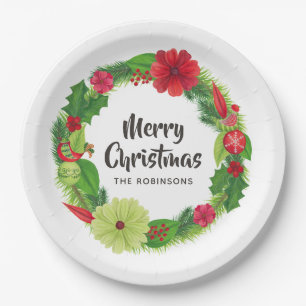 Folk Art Watercolor Floral Christmas Paper Plate