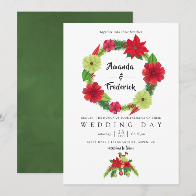 Folk Art Watercolor Floral Christmas Wedding Invitation (Front/Back)