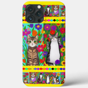 Folk Art Whimsical Style Cat and Flowers iPhone 13 Pro Max Case