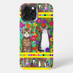 Folk Art Whimsical Style Cat and Flowers iPhone 13 Pro Max Case