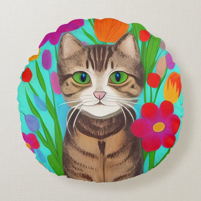 Folk Art Whimsical Style Cat and Flowers Round Pillow (Front)
