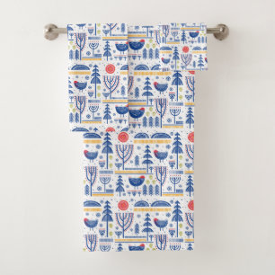 Folk Art Winter Bird Pattern Bath Towel Set