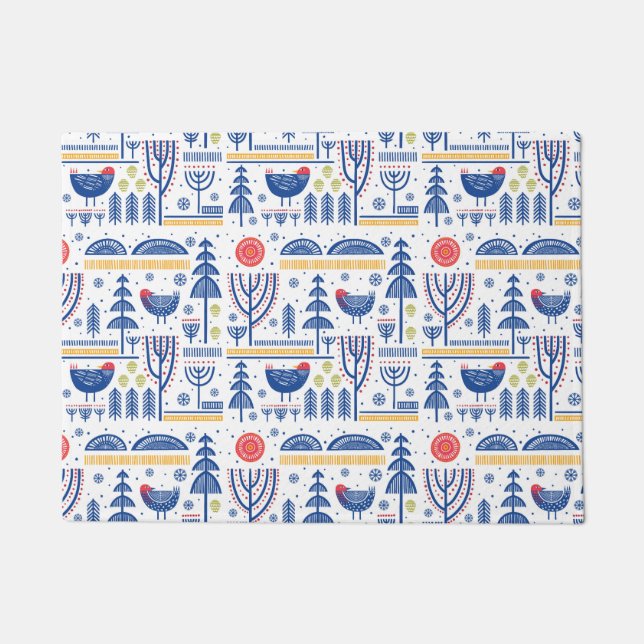 Folk Art Winter Bird Pattern Doormat (Front)