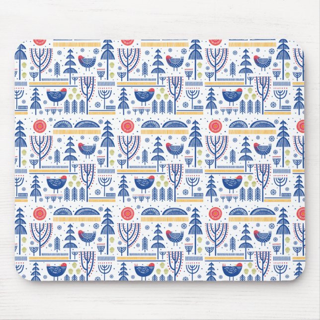 Folk Art Winter Bird Pattern Mouse Pad (Front)