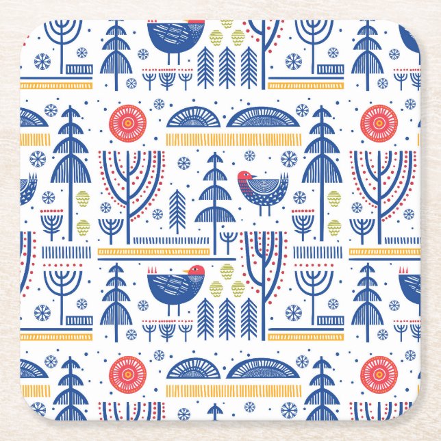 Folk Art Winter Bird Pattern Square Paper Coaster (Front)