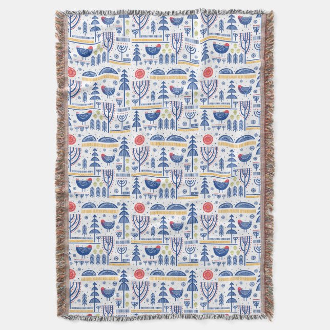 Folk Art Winter Bird Pattern Throw Blanket (Front Vertical)