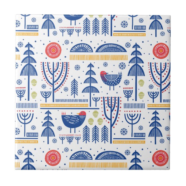 Folk Art Winter Bird Pattern Tile (Front)