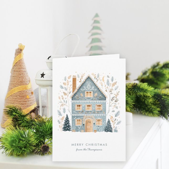 Folk Art Winter Blue House Merry Christmas Holiday Card (Folded Christmas card, available digitally and printed)