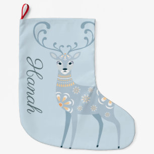 Folk Art Winter Deer Personalized Large Christmas Stocking