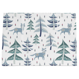 Folk Art Winter Fox and Trees Large Gift Bag