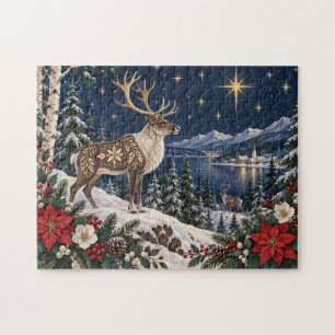 Folk Art Winter Reindeer Starry Night Landscape Jigsaw Puzzle