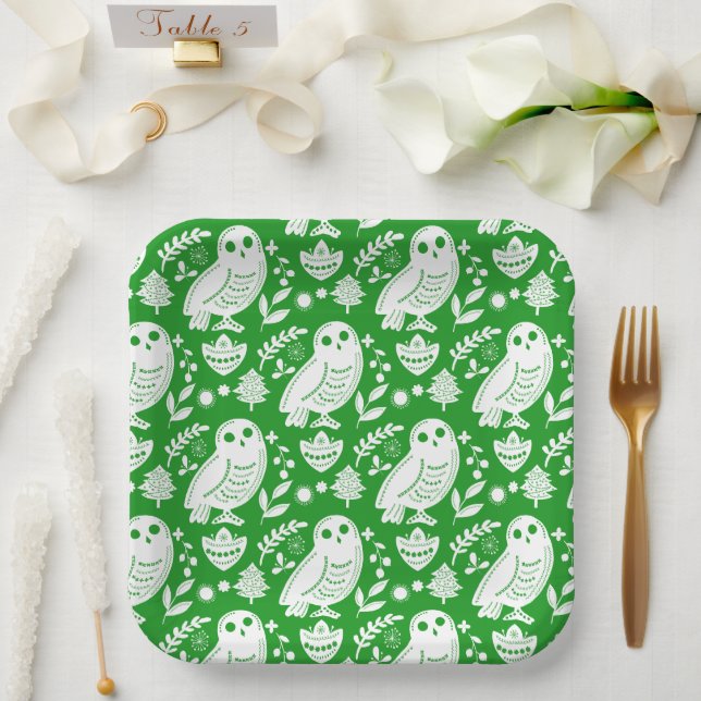 Folk Art Wise Snow Owl | Green Paper Plate (Wedding)