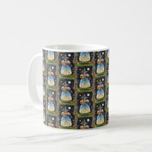 FOLK ART WITCH IN SPOOKY WOODS, BLACK CAT & OWL COFFEE MUG