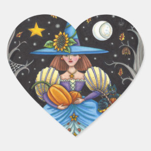 FOLK ART WITCH IN SPOOKY WOODS, BLACK CAT & OWL HEART STICKER