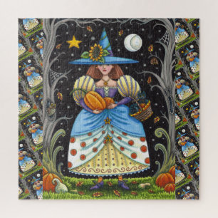 FOLK ART WITCH IN SPOOKY WOODS, BLACK CAT & OWL JIGSAW PUZZLE