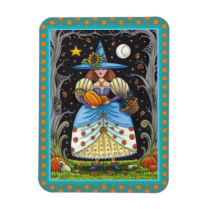 FOLK ART WITCH IN SPOOKY WOODS, BLACK CAT & OWL MAGNET