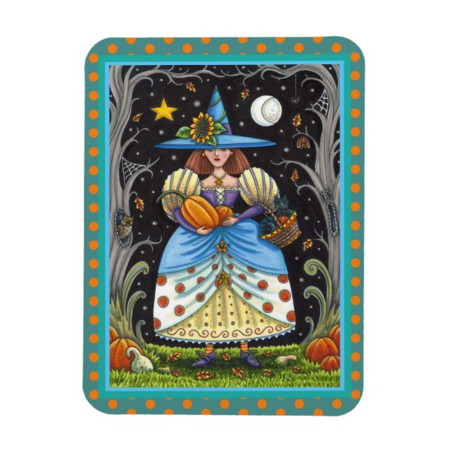 FOLK ART WITCH IN SPOOKY WOODS, BLACK CAT & OWL MAGNET (Vertical)