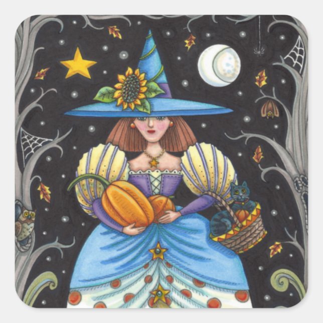 FOLK ART WITCH IN SPOOKY WOODS, BLACK CAT & OWL  SQUARE STICKER (Front)