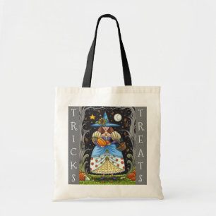 FOLK ART WITCH, SPOOKY, BLACK CAT Trick Or Treat Tote Bag