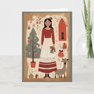 Folk Art Woman Christmas Card Custom Rustic
