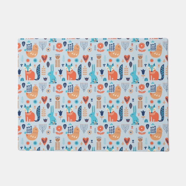 Folk Art Woodland Animal Pattern Doormat (Front)