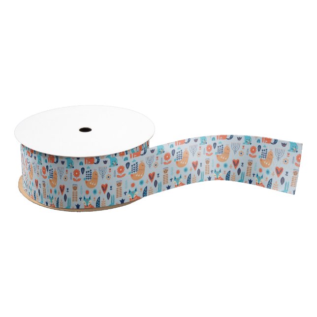 Folk Art Woodland Animal Pattern Grosgrain Ribbon (Spool)