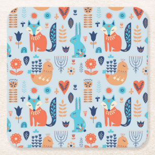 Folk Art Woodland Animal Pattern Square Paper Coaster