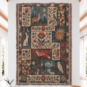 Folk Art Woodland Quilt Woven Throw Blanket