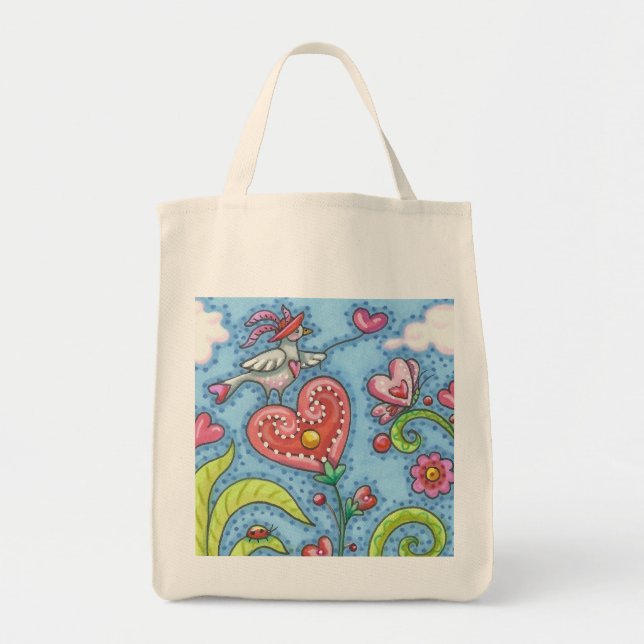 Folk Bird And Hearts Garden GROCERY TOTE Customize (Front)