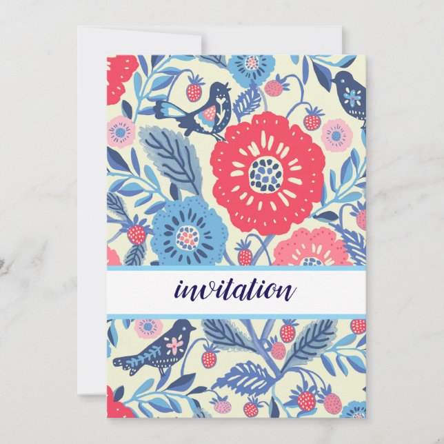 Folk Bird And Strawberry Design Invitation (Front)