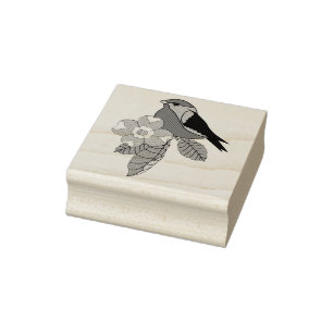 Folk bird, Folk design bird, dogwood flower Rubber Stamp