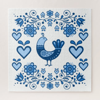 Folk bird/partridge/flowers/heart/blue jigsaw puzzle