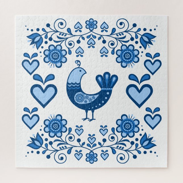 Folk bird/partridge/flowers/heart/blue jigsaw puzzle (Vertical)