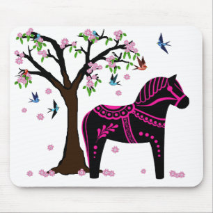 Folk black/pink Dala horse, Folk Bird/flower Mouse Pad