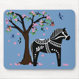 Folk black/white Dala horse, Folk Bird/flower Mouse Pad