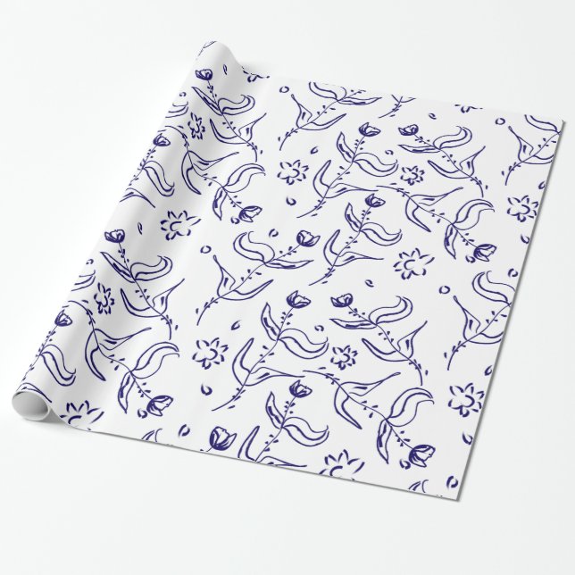 Folk blue roses drawing seamless pattern wrapping paper (Unrolled)