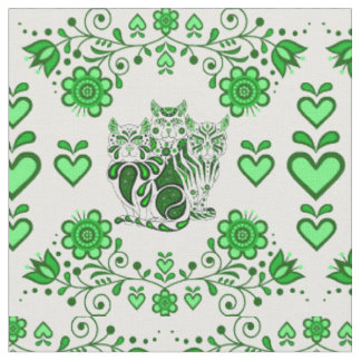 Folk cat/flowers/heart calico cats, green prints 4 fabric