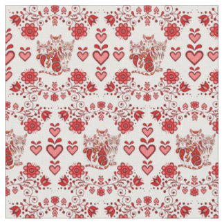 Folk cat/flowers/heart calico cats, red prints 2 fabric