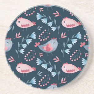 Folk Chickens: Watercolor Seamless Pattern. Coaster