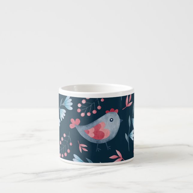 Folk Chickens: Watercolor Seamless Pattern. Espresso Cup (Front)